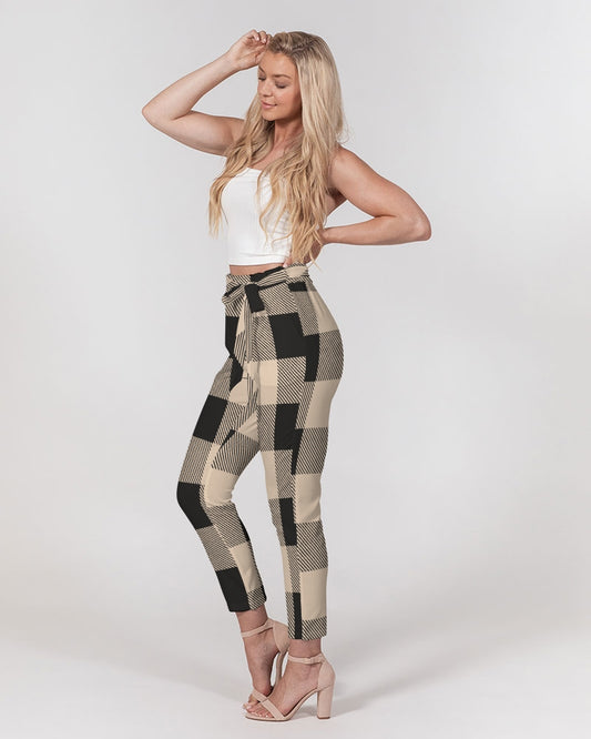 Plaid Print Skinny Belted Tapered Pants